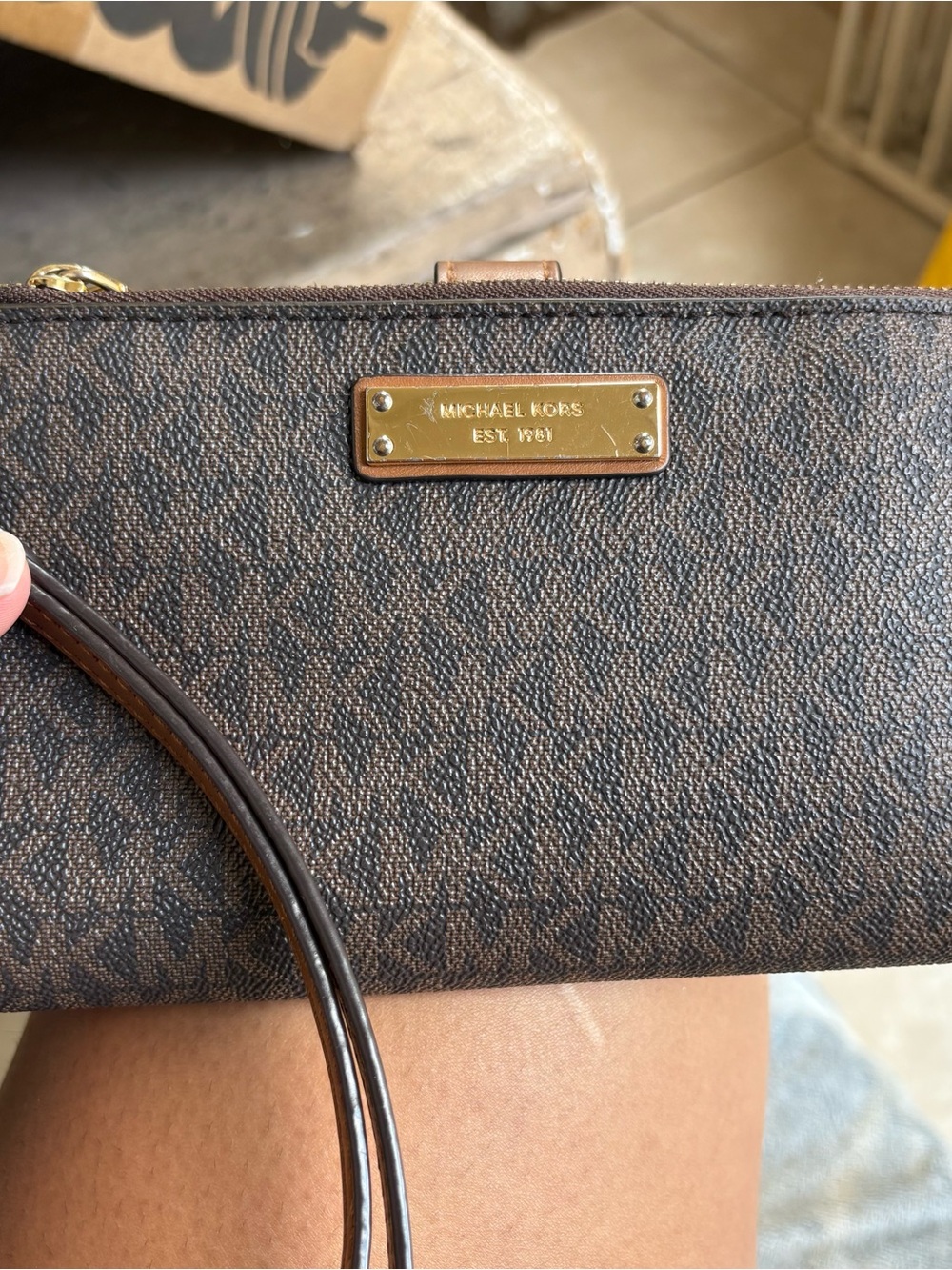 Michael Kors Brown MK Logo Wristlet with Gold Plate